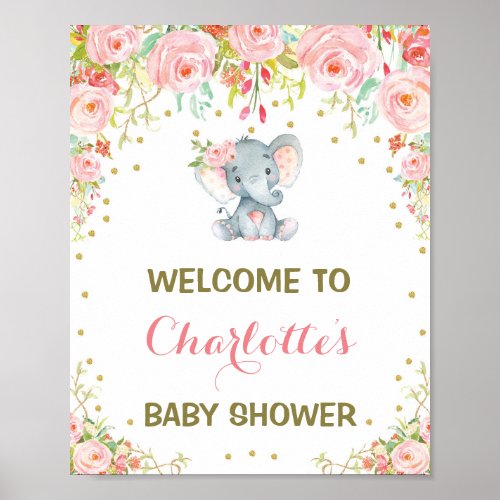 Girl Elephant Baby Shower Pink Floral Welcome Sign