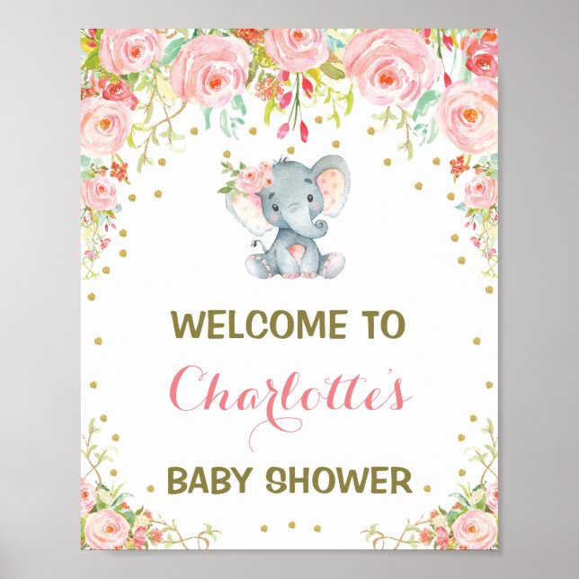 Girl Elephant Baby Shower Pink Floral Welcome Sign (Front)