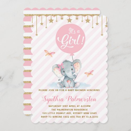 Girl Elephant Baby Shower Pink Gold Star Invite