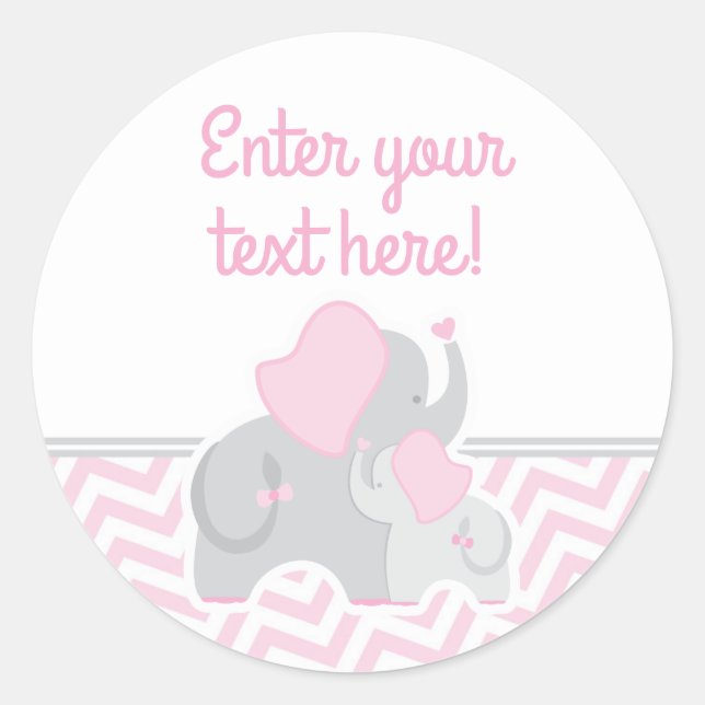 Girl Elephant Baby Shower Pink Gray Chevron Classic Round Sticker (Front)