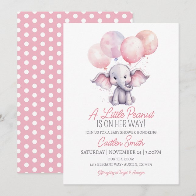 Girl Elephant Baby Shower Pink Gray Polkadots Invitation (Front/Back)