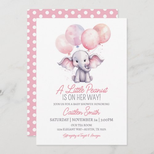 Girl Elephant Baby Shower Pink Gray Polkadots Invitation
