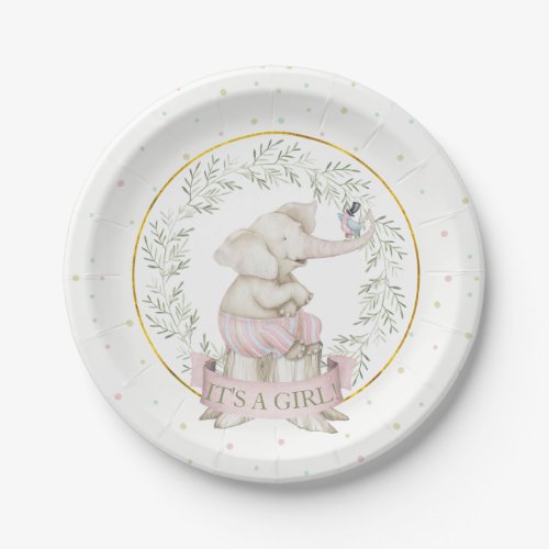 Girl Elephant Baby Shower Pink Green Beige Paper Plates
