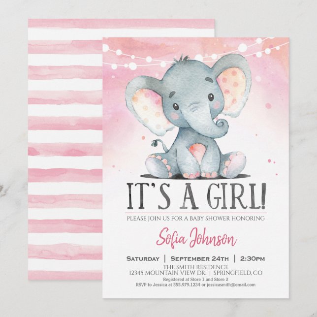 Girl Elephant Baby Shower Pink Invitation (Front/Back)