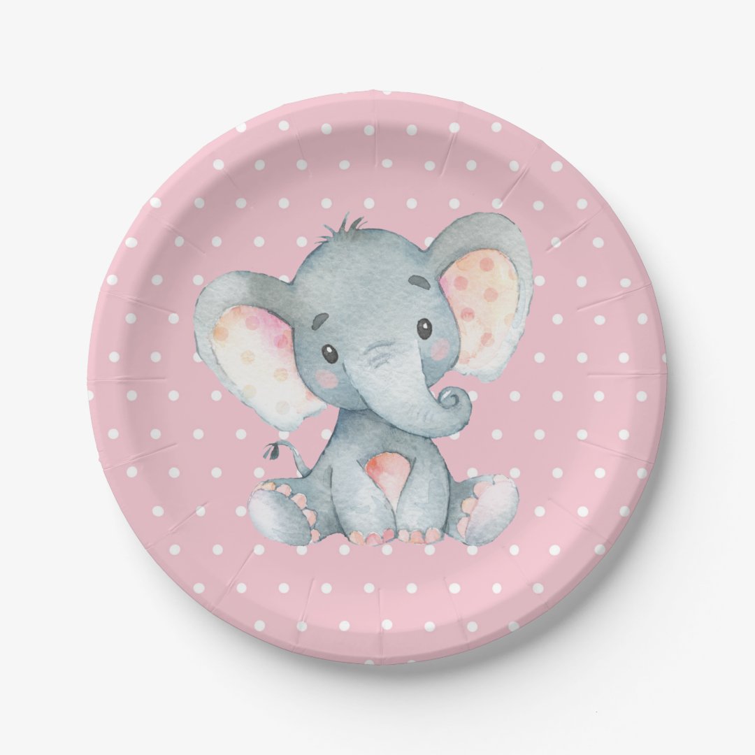 Girl Elephant Baby Shower Pink Paper Plate | Zazzle