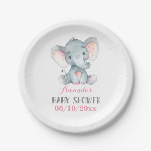 Girl Elephant Baby Shower Pink Paper Plates