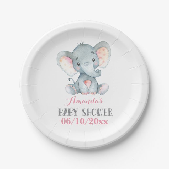 Girl Elephant Baby Shower Pink Paper Plates (Front)