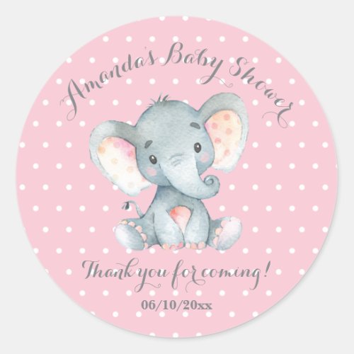 Girl Elephant Baby Shower Pink Thank You Favor Classic Round Sticker