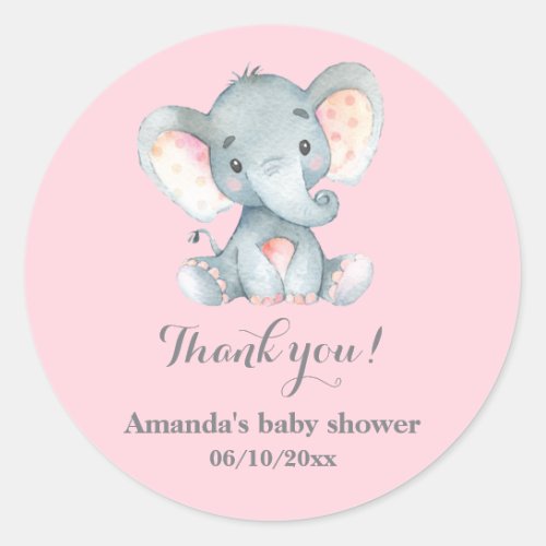 Girl Elephant Baby Shower Pink Thank You Favor Classic Round Sticker