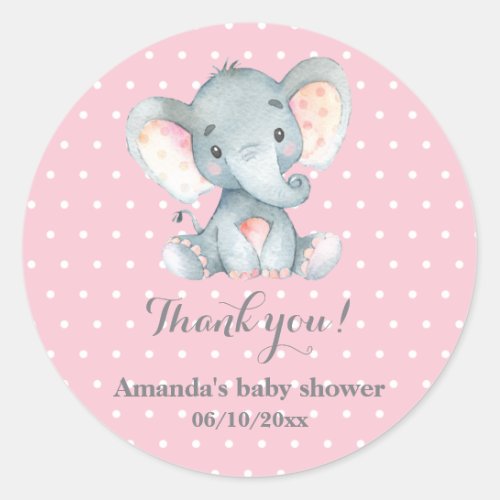 Girl Elephant Baby Shower Pink Thank You Favor Classic Round Sticker