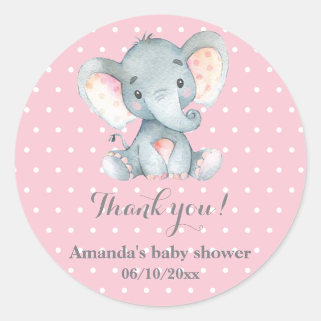 Girl Elephant Baby Shower Pink Thank You Favor Classic Round Sticker (Front)