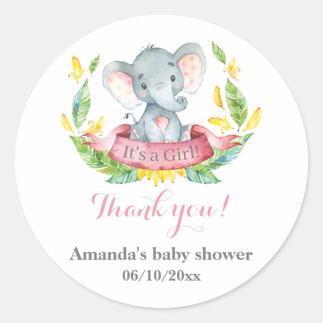 Girl Elephant Baby Shower Pink Thank You Favor Classic Round Sticker (Front)