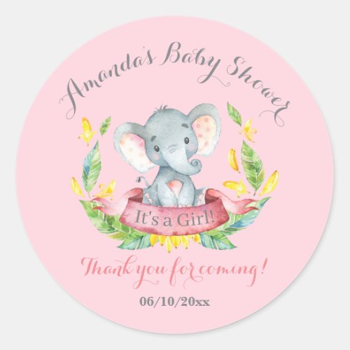 Girl Elephant Baby Shower Pink Thank You Favor Classic Round Sticker