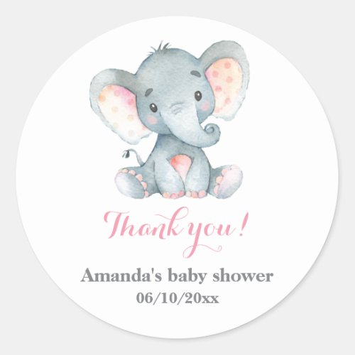 Girl Elephant Baby Shower Pink Thank You Favor Classic Round Sticker