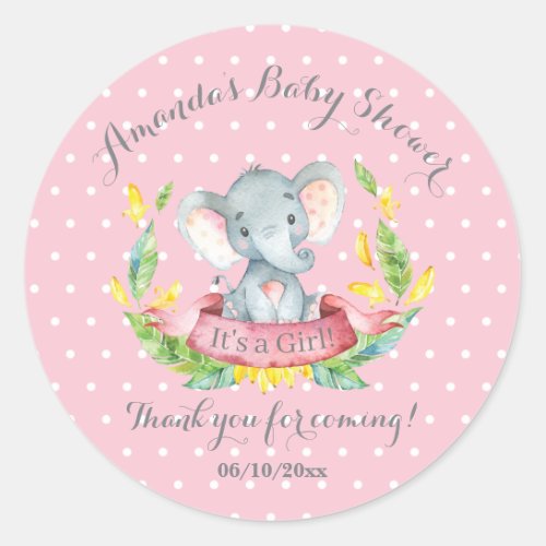 Girl Elephant Baby Shower Pink Thank You Favor Classic Round Sticker