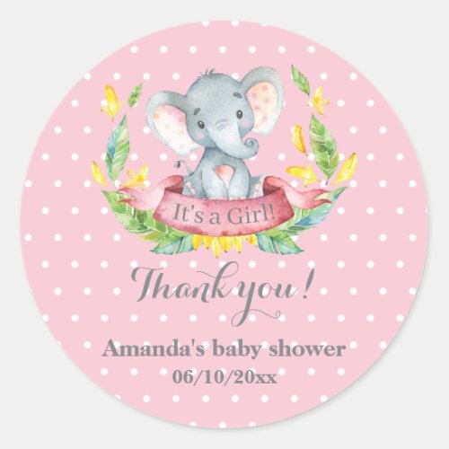 Girl Elephant Baby Shower Pink Thank You Favor Classic Round Sticker