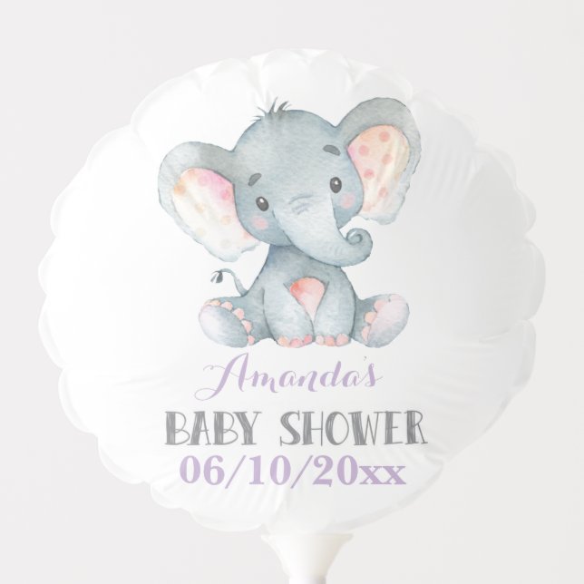 Girl Elephant Baby Shower Purple and Gray Balloon (Front)