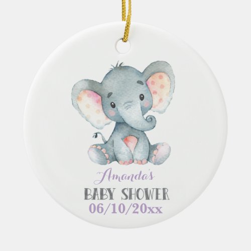 Girl Elephant Baby Shower Purple and Gray Ceramic Ornament