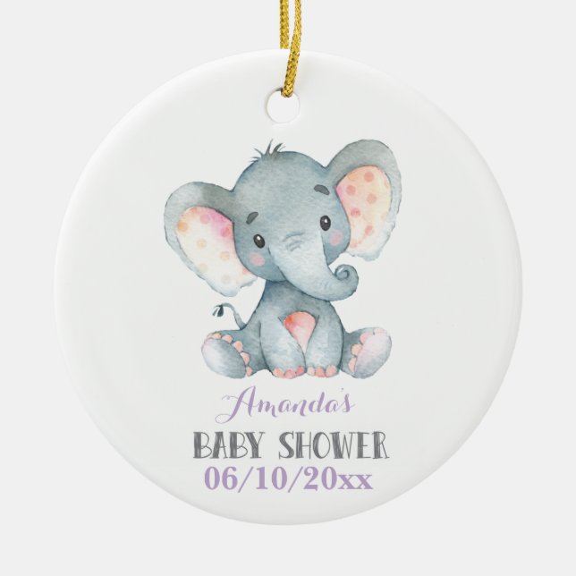 Girl Elephant Baby Shower Purple and Gray Ceramic Ornament (Front)