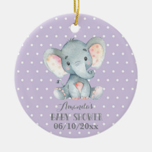 Girl Elephant Baby Shower Purple and Gray Ceramic Ornament