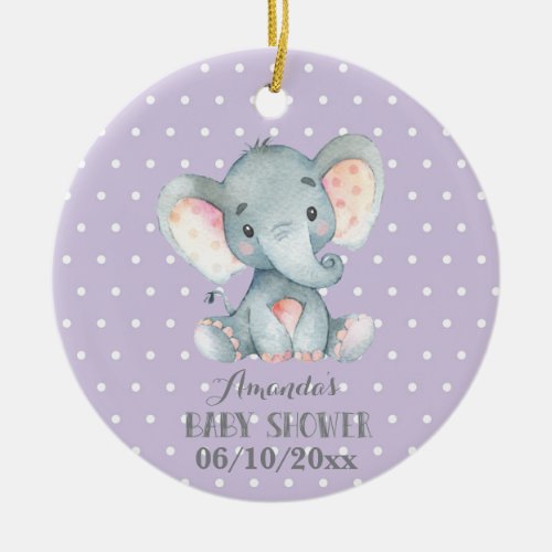 Girl Elephant Baby Shower Purple and Gray Ceramic Ornament