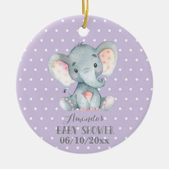 Girl Elephant Baby Shower Purple and Gray Ceramic Ornament (Front)