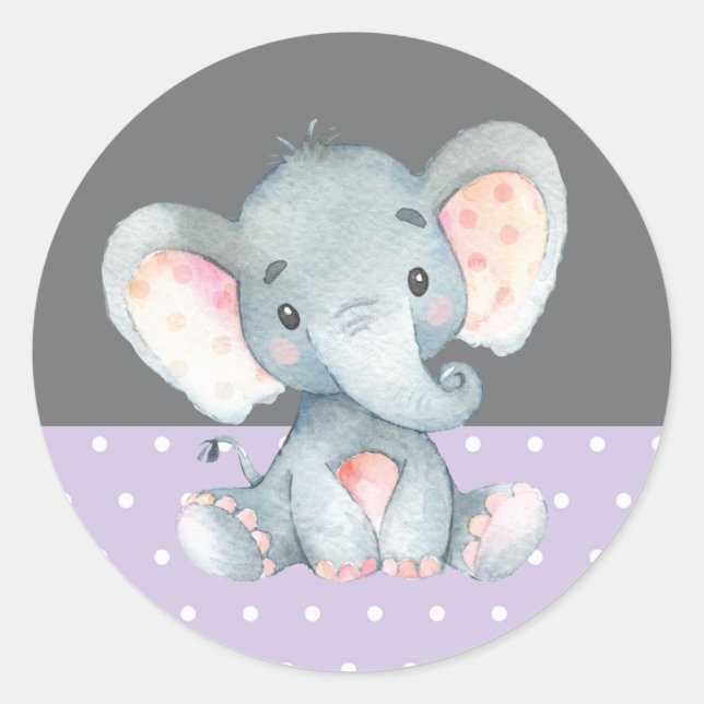 Girl Elephant Baby Shower Purple and Gray Classic Round Sticker (Front)