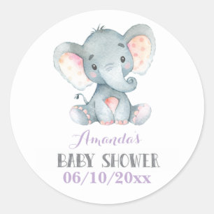 Girl Elephant Baby Shower Purple and Gray Classic Round Sticker