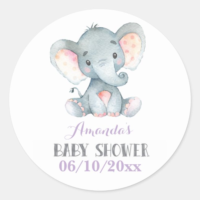 Girl Elephant Baby Shower Purple and Gray Classic Round Sticker (Front)