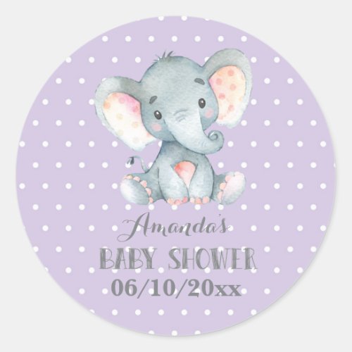 Girl Elephant Baby Shower Purple and Gray Classic Round Sticker