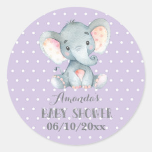 Girl Elephant Baby Shower Purple and Gray Classic Round Sticker