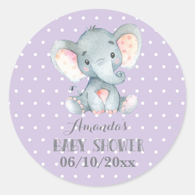 Girl Elephant Baby Shower Purple and Gray Classic Round Sticker (Front)