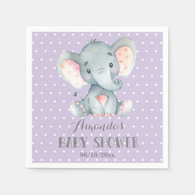 Girl Elephant Baby Shower Purple and Gray Napkins (Front)