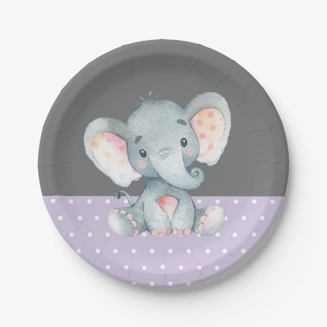 Girl Elephant Baby Shower Purple and Gray Paper Plates (Front)