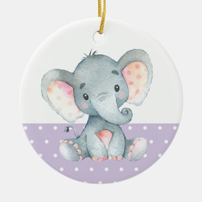 Girl Elephant Baby Shower Purple Ceramic Ornament (Front)