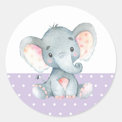 Girl Elephant Baby Shower Purple Classic Round Sticker