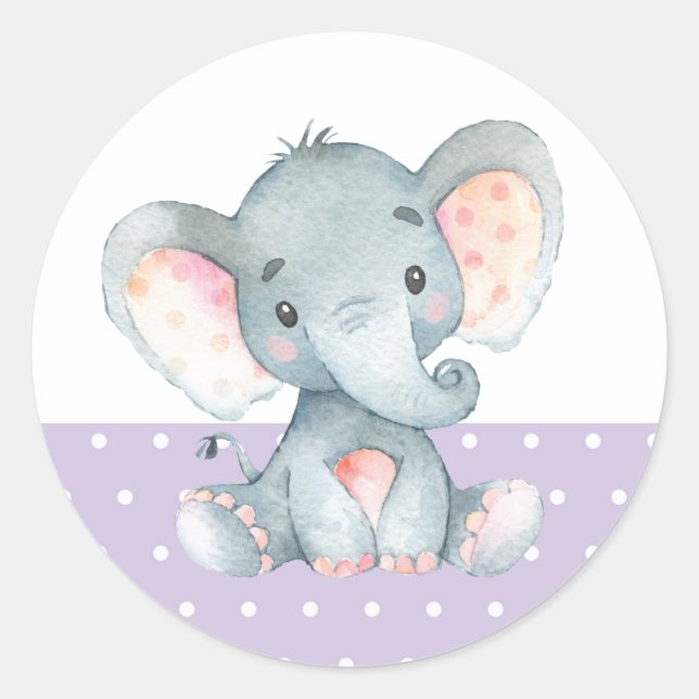 Girl Elephant Baby Shower Purple Classic Round Sticker (Front)
