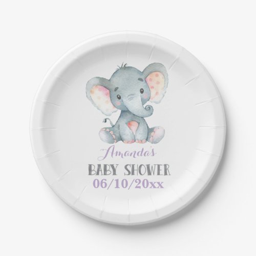 Girl Elephant Baby Shower Purple Paper Plate