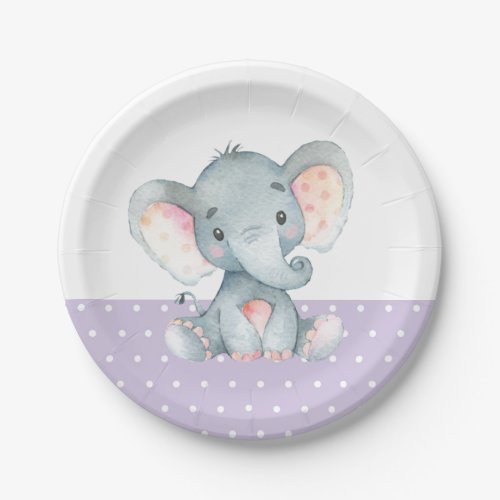 Girl Elephant Baby Shower Purple Paper Plate