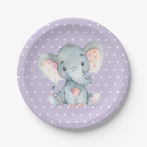 Girl Elephant Baby Shower Purple Paper Plate