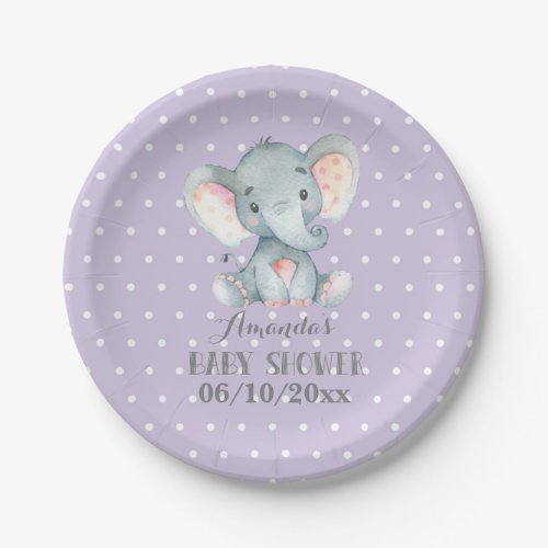 Girl Elephant Baby Shower Purple Paper Plate