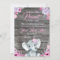 Girl Elephant Baby Shower, rustic, pink purple Invitation