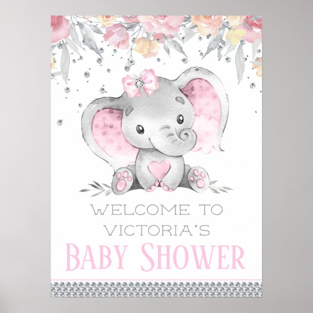 Girl Elephant Baby Shower Sign (Front)