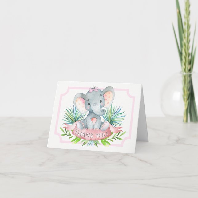 Girl Elephant Baby Shower Thank You Cards (Front)