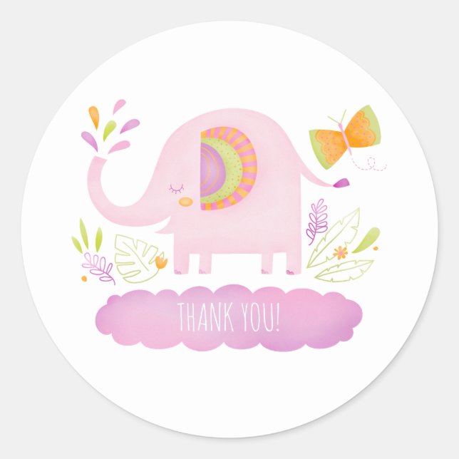 Girl Elephant Baby Shower Thank You Favor Sticker (Front)