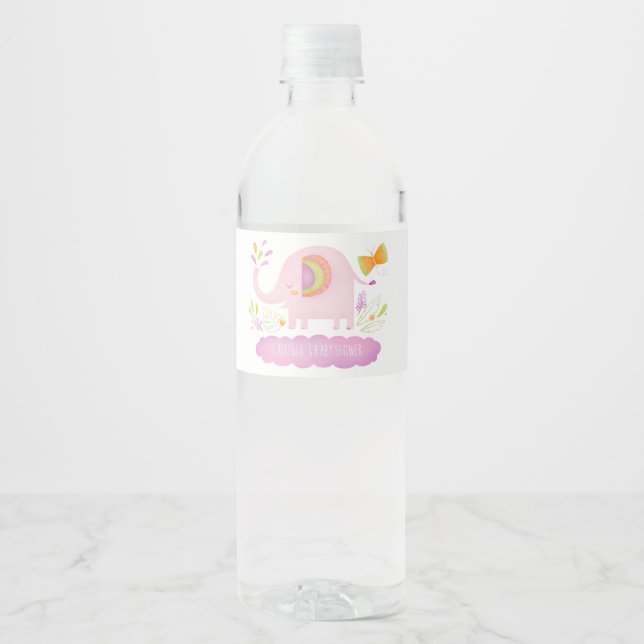Girl Elephant Baby Shower Water Bottle Label (Front)