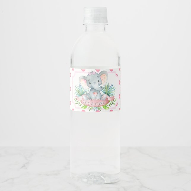 Girl Elephant Baby Shower Water Bottle Labels (Front)