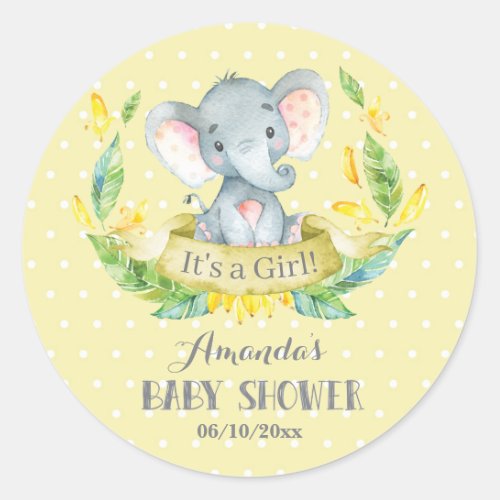Girl Elephant Baby Shower Yellow and Gray Classic Round Sticker
