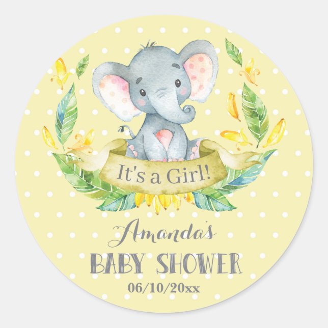 Girl Elephant Baby Shower Yellow and Gray Classic Round Sticker (Front)