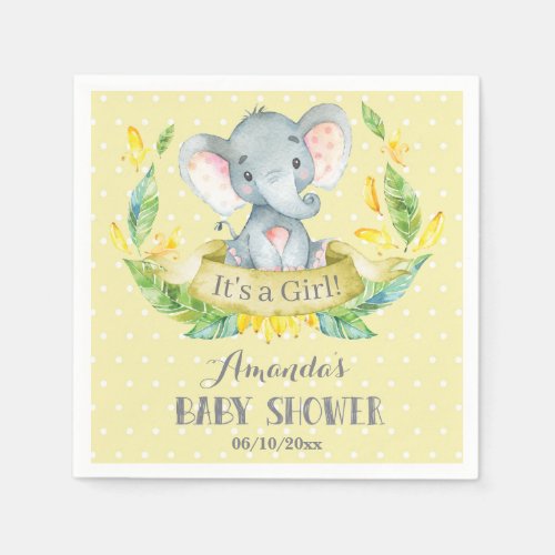 Girl Elephant Baby Shower Yellow and Gray Napkins